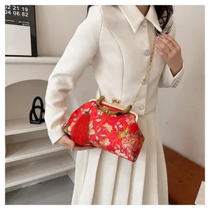 Sac de soirée élégant brodé de fleurs rouges avec pompon, poignée bambou et chaîne