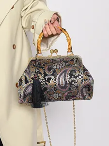 Vintage Abendtasche mit Blumenstickerei, Bambusgriff und goldener Kette