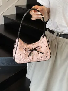 Women Pink Crescent Hobo Bag Fashion Bow Heart Pendant Printed PU Leather Shoulder Bag Sweet Girly Handbag Crossbody Bag