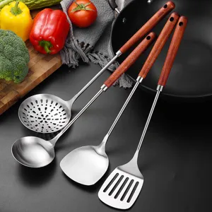 Stainless Steel Kitchen Utensil Set With Ke Wood Long Handle Heat Resistant Spatula Soup Ladle Slotted Turner Skimmer For Cooking