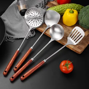 Premium 4-piece stainless steel kitchen utensil set with long ergonomic wooden handles