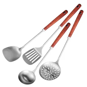 Stainless steel kitchen utensil set with heat-resistant wooden handles, 4-piece cooking tool kit