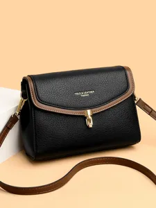 Women's Fashion Genuine Leather Shoulder Crossbody Bag Retro Contrast Color Flap Lock Small Square Bag Chic Daily Handbag