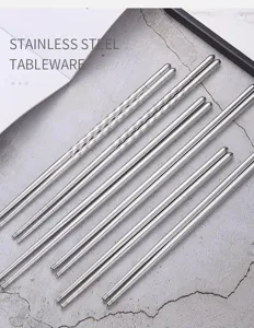 Close-up of stainless steel chopsticks with various anti-slip textured handle designs.