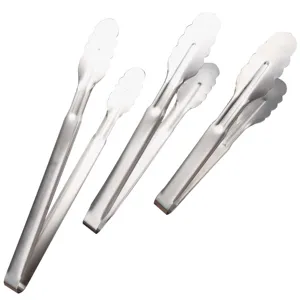 Set of three multi-purpose stainless steel food tongs with scalloped heads for BBQ and steak.