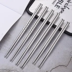Reusable Stainless Steel Chopsticks Non-Slip Threaded Handle Mirror Polished Round Kitchen Tableware For Children Adults