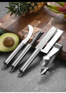 Detail showing 4-piece stainless steel fruit tools for pineapple and sugarcane