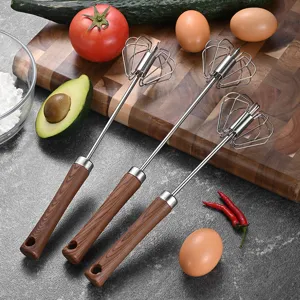 Semi-Automatic Stainless Steel Egg Beater With Wood Grain Handle Manual Press Whisk Mixer For Home Baking Kitchen Tool