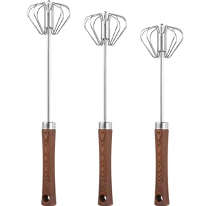 Semi-automatic stainless steel egg whisk set with wood grain handles for home baking