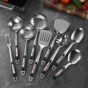 Umfangreiches 9-teiliges Küchenhelfer-Set aus Edelstahl mit ergonomischen schwarzen Griffen