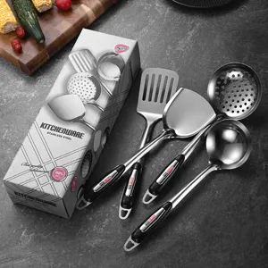 Premium-Küchenhelfer-Set aus Edelstahl mit schwarzen ergonomischen Griffen und Box