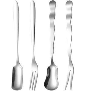 Set of 4 creative stainless steel mini dessert forks and spoons featuring unique wave handles