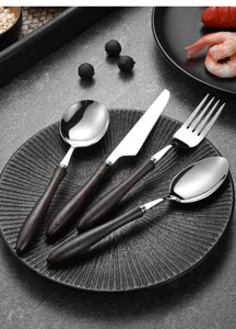 Detail of vintage stainless steel cutlery set with dark chicken wing wood handles