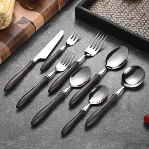 Vintage wenge wood handle cutlery set with stainless steel steak knife and diverse spoons