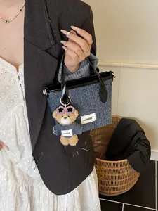 Women Denim PU Splicing Bucket Bag Street Trend Handbag Crossbody Shoulder Bag With Cute Teddy Bear Pendant mdd137