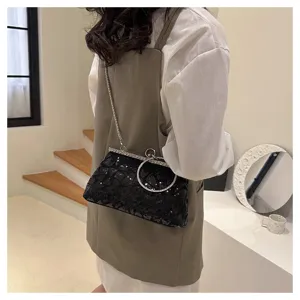 Pochette de soirée élégante en sequins noirs avec poignée anneau en strass