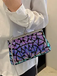 Sac de soirée élégant à paillettes colorées avec poignée en métal et chaîne argentée