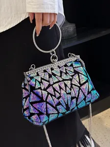 Pochette de soirée élégante à paillettes avec motifs géométriques et anneau strass