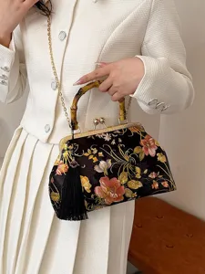 Sac de soirée élégant brodé de fleurs avec poignée en bambou et pompon noir chic