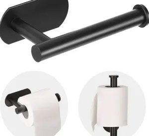 Matte black toilet paper holder detail view, wall mounted metal roll tissue rack, durable hardware.