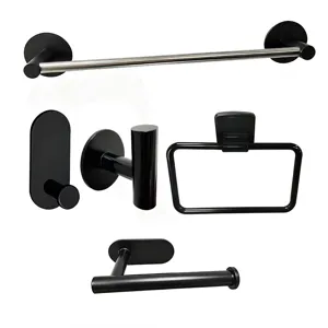 Matte black bathroom hardware set including towel bar, hooks, ring, and toilet paper holder.