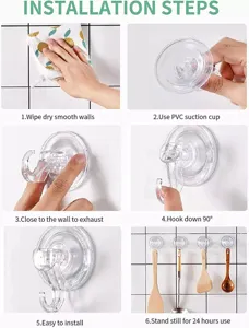 Guida di installazione passo dopo passo per gancio a ventosa in plastica trasparente.
