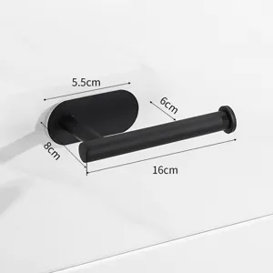 Matte black toilet paper holder detail view, showing precise dimensions and wall mounting base.