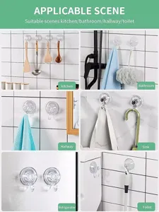 Ganci a ventosa trasparenti in dettaglio per applicazioni in cucina e bagno.