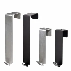 Close-up detail of over-the-door stainless steel hooks in brushed silver and black finish.