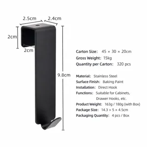 Stainless steel over door hook black cabinet drawer storage hanger detailed dimensions.