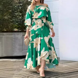 Women Plus Size Elegant Off Shoulder Long Sleeve Dress Casual Floral Printed Irregular Hem Long Maxi Dress For Party