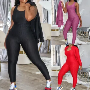 Women Activewear Three Piece Set Long Sleeve Zipper Jacket Tank Top And Leggings Honeycomb Textured Sports Workout Tracksuit
