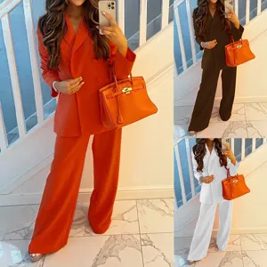 Set Giacca da Abito Casual alla Moda da Donna Pantaloni Ampi Blazer Doppiopetto a Maniche Lunghe Top e Pantaloni