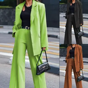 Women Casual Solid Color Long Sleeve Blazer And Wide Leg Pants Two Piece Set Office Commuting Suit Top And Bottom