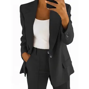 Women casual black blazer suit set, stylish slim fit two piece outfit for office daily wear.