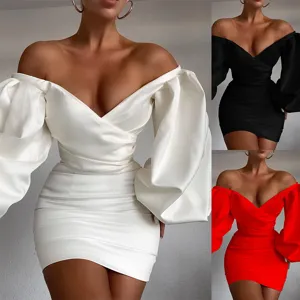 Women Sexy Off-Shoulder Bodycon Dress Polyester Patchwork Puff Sleeve V-Neck Mini Dress For Party Night Out Slim Fit Gown