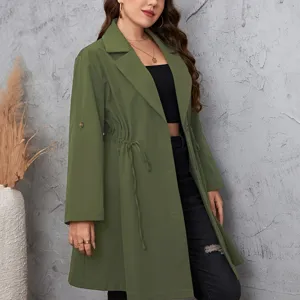 Women Casual Solid Color Lapel Long Sleeve Single Breasted Trench Coat With Belt Elegant Long Outerwear Jacket