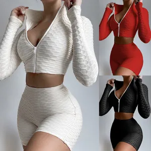 Women Casual Long Sleeve Zip Crop Top And High Waist Shorts Sports Fitness Athletic Workout Two Piece Set Activewear