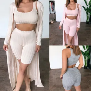 Ribbed knit 3-piece set featuring a cropped tank top, biker shorts, and a long cardigan.