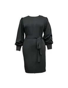 Black long sleeve midi dress featuring classic crew neck and elegant waist tie belt.