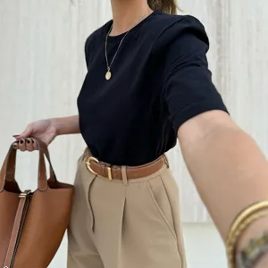 Casual solid black short sleeve t-shirt paired with chic stylish trousers for daily wear outfit.