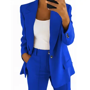 Royal blue blazer and trousers suit set with white camisole for women slim fit business casual daily wear