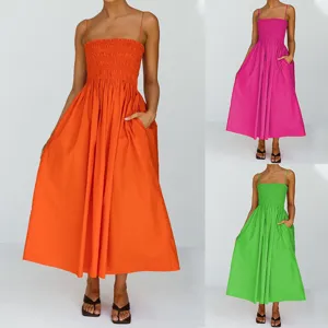 Women Summer Casual Cotton And Linen Midi Dress High Waist Spaghetti Strap Solid Color Elegant Sleeveless Dress