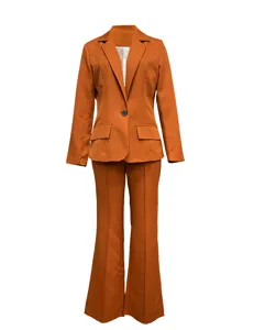 Detailed view of the orange-brown women suit, classic lapel blazer and flare pants set.