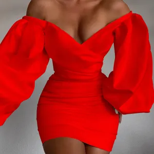 Red off-the-shoulder puff sleeve bodycon mini dress for women sexy club party wear.