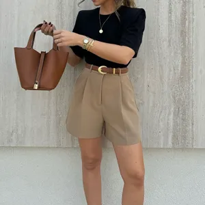 Casual solid color loose straight shorts detail view, featuring high waist and pleated design.