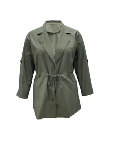 Olive green women casual windbreaker detail, lapel collar, drawstring waist and button closure.