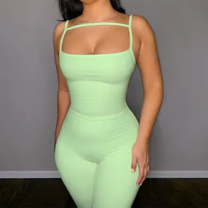 Women summer sexy slim fit ribbed spaghetti strap jumpsuit detail showcasing texture and fit