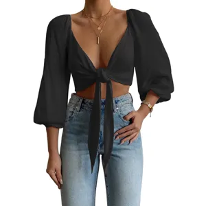 Women's Sexy Long Sleeve Crop Top V-Neck Front Tie Black Shirt Casual Fashion Blouse