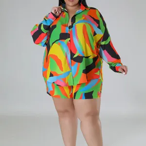 Completo da Donna Moda Stampato Geometrico Revers Manica Lunga Camicia e Shorts Casual Largo Bottoni Poliestere Taglie Forti